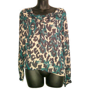 Nine West Women's Large Long Sleeve Round Neck Animal Print Teal Navy Blouse
